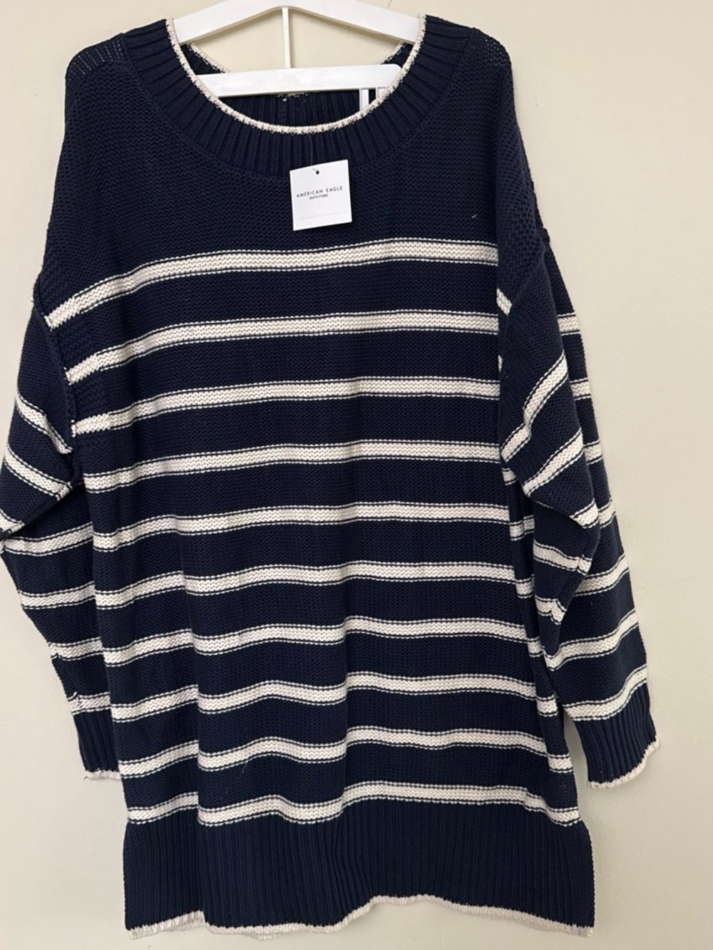 American Eagle Outfitters Navy and White Striped Crewneck Sweater